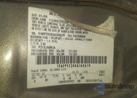 2004 Ford Taurus Ses из США, поврежденный, VIN 1FAFP55284A165619